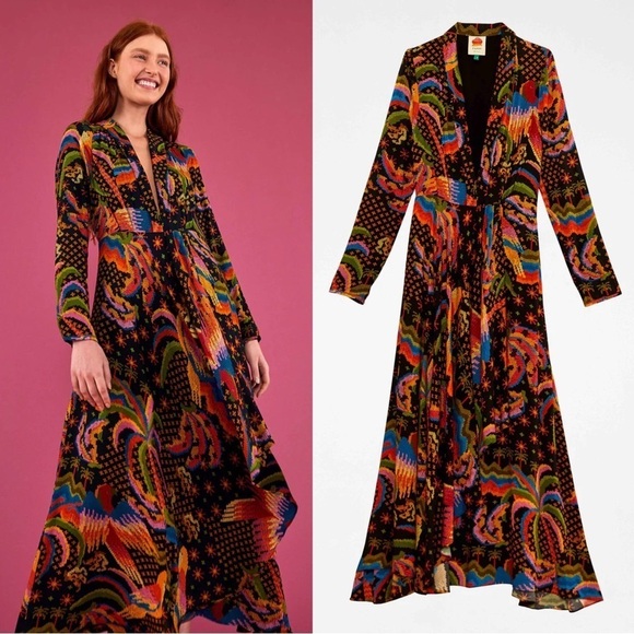 FARM Rio Dresses & Skirts - Farm Rio • Macaw Island Dress long sleeve maxi black cross stitch print